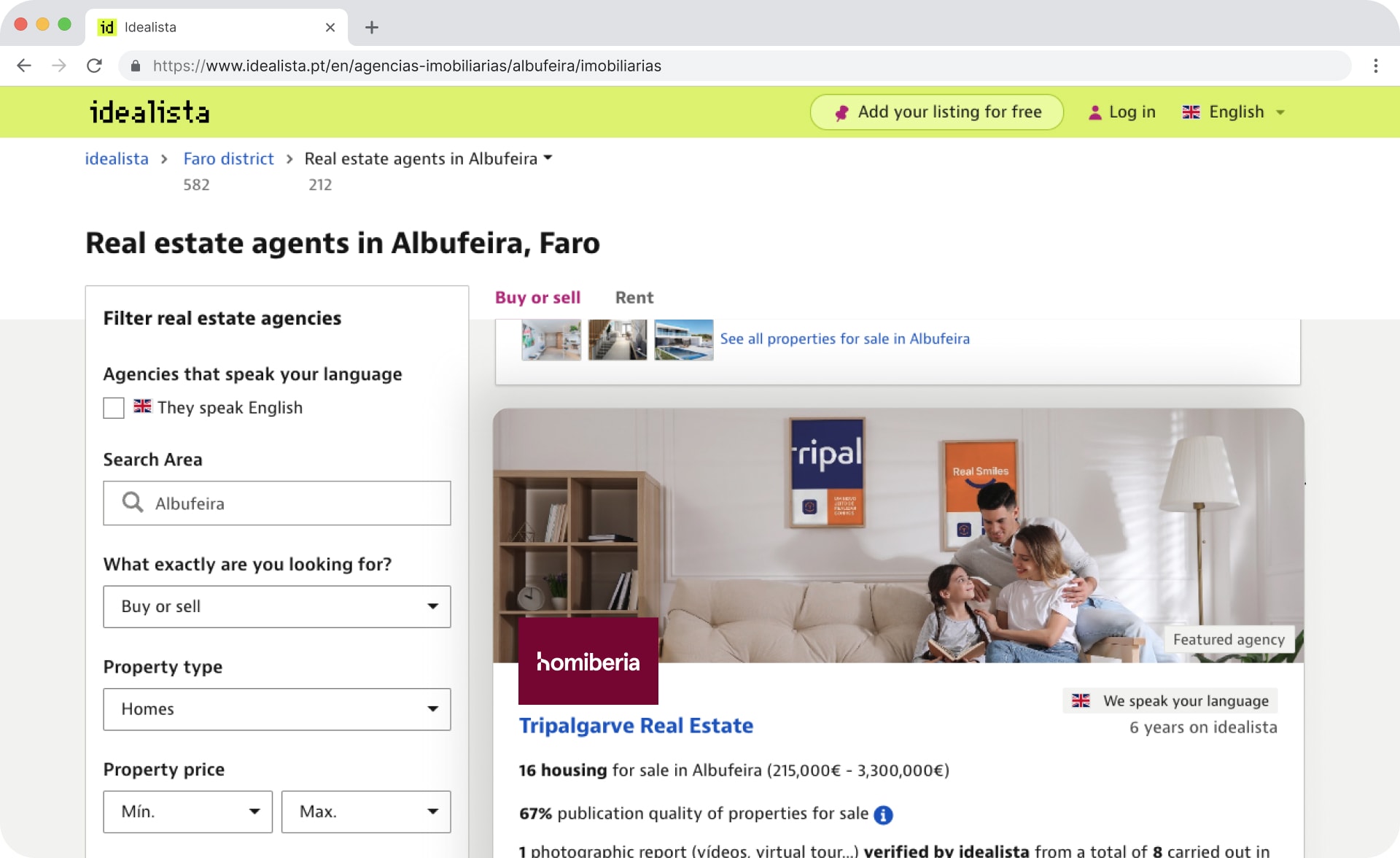 Homiberia’s Top-3 Idealista ranking shown in a browser mockup